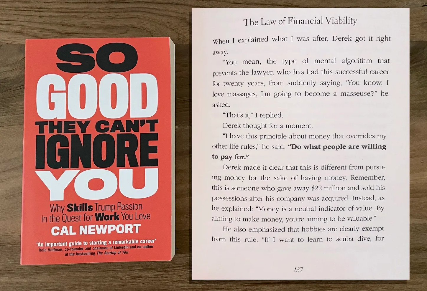 Cal Newport’s book “So Good They Can’t Ignore You” next to the page describing The Law of Financial Viability